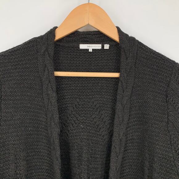360 Sweater Open Front Braided Cable Knit Merino Wool Cardigan Sweater, Gray, M - Picture 2 of 7